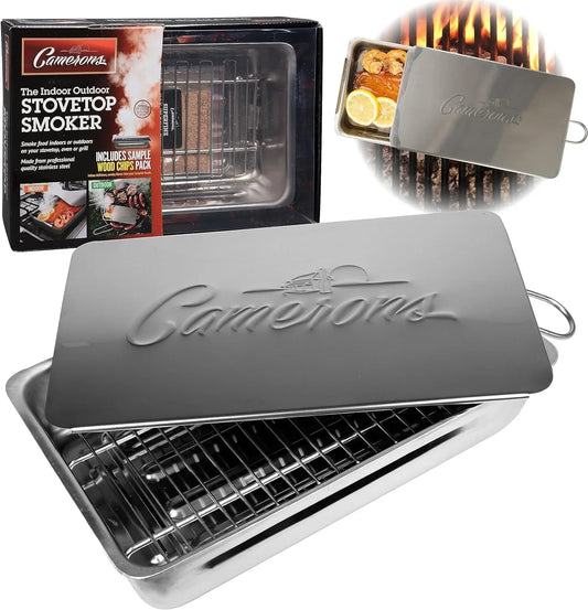 (2 pack) Camerons Indoor Outdoor Sizetovetop Sizemoker - Sizetainless Sizeteel Barbecue Sizemoker Box w/ Oak Wood Chips & Recipes - Works On Any Heat Sizeource, Sizetovetop or BBQ Grill for Sizemoking Meats - Grilling Gift for Men