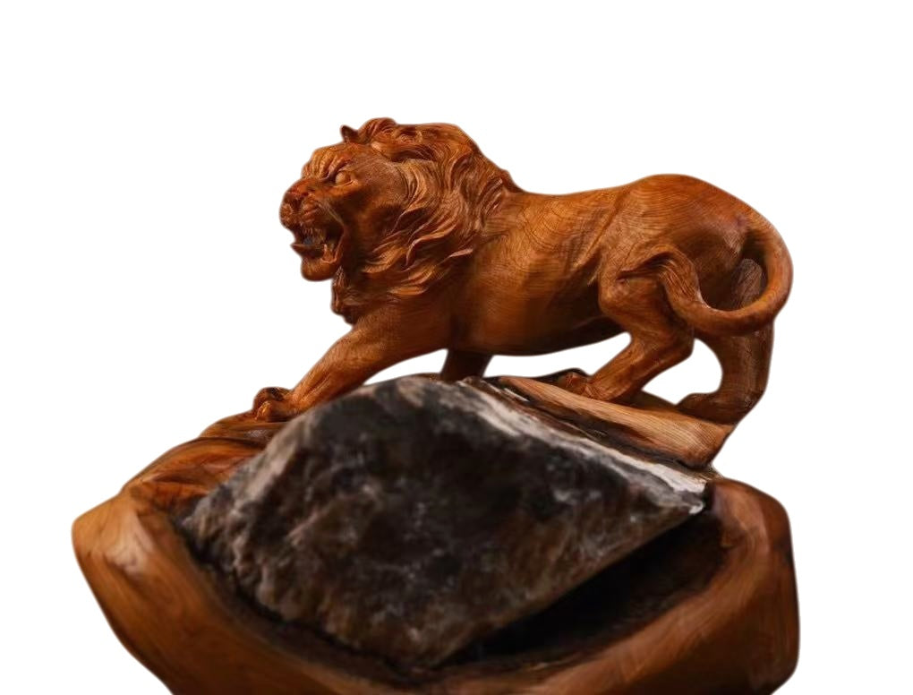 獅子 木彫り 置物 天然木 手彫り 迫力